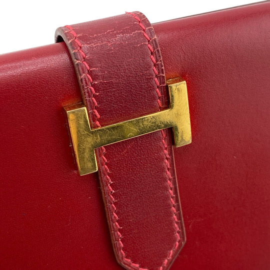HERMES Long Wallet Purse Box scarf Red Gold Metal Baan classic Women Used Authentic
