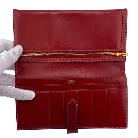 HERMES Long Wallet Purse Box scarf Red Gold Metal Baan classic Women Used Authentic