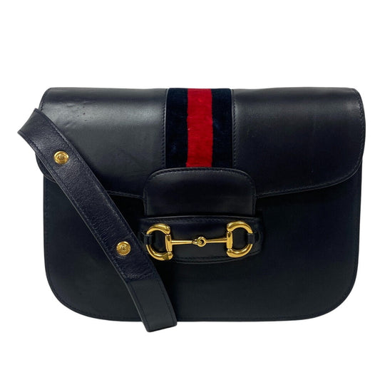 GUCCI Shoulder Bag 602204 Leather, Velour Navy Velor x leather Horsebit 1955 Women Used Authentic