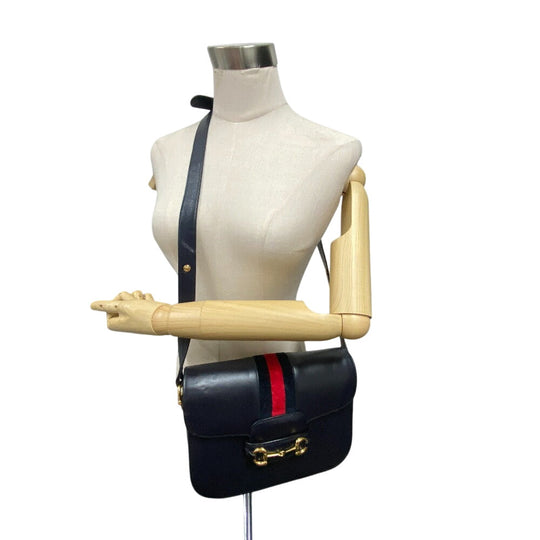 GUCCI Shoulder Bag 602204 Leather, Velour Navy Velor x leather Horsebit 1955 Women Used Authentic