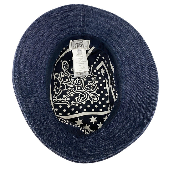 HERMES hat cotton Indigo blue Ronidem Helen ASTROLOGIE NOUVELLE New Astrology mens 59 Used Authentic