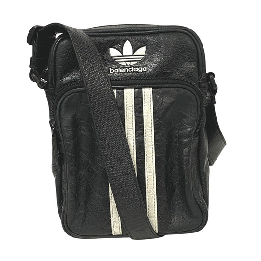 BALENCIAGA Shoulder Bag 721850 leather black Three line Adidas Small cross mens Used Authentic