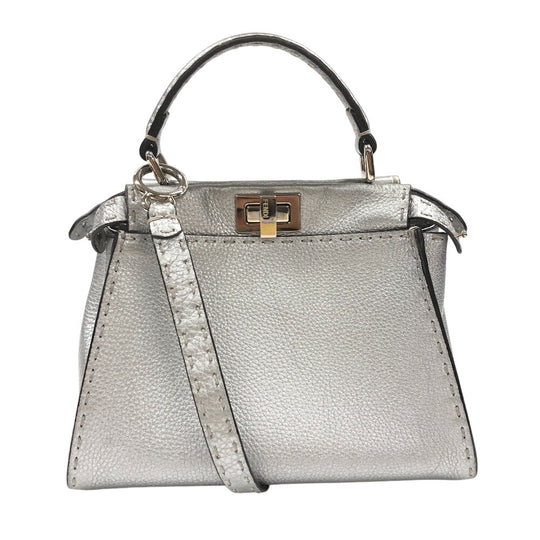 FENDI Handbag 8BN244 leather Silver Celeria Mini Pea Kaboo 2way Women Used Authentic