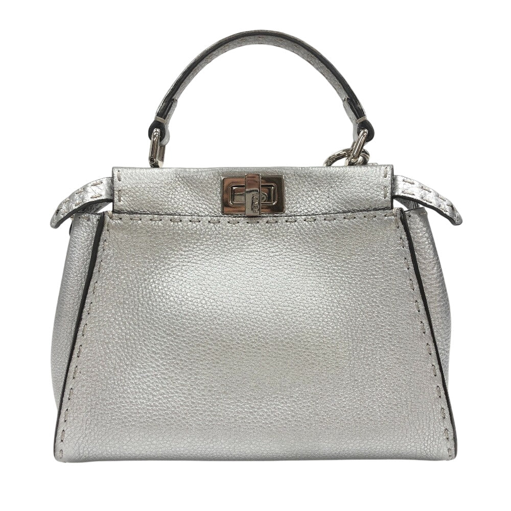 FENDI Handbag 8BN244 leather Silver Celeria Mini Pea Kaboo 2way Women Used Authentic