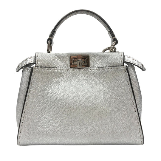 FENDI Handbag 8BN244 leather Silver Celeria Mini Pea Kaboo 2way Women Used Authentic