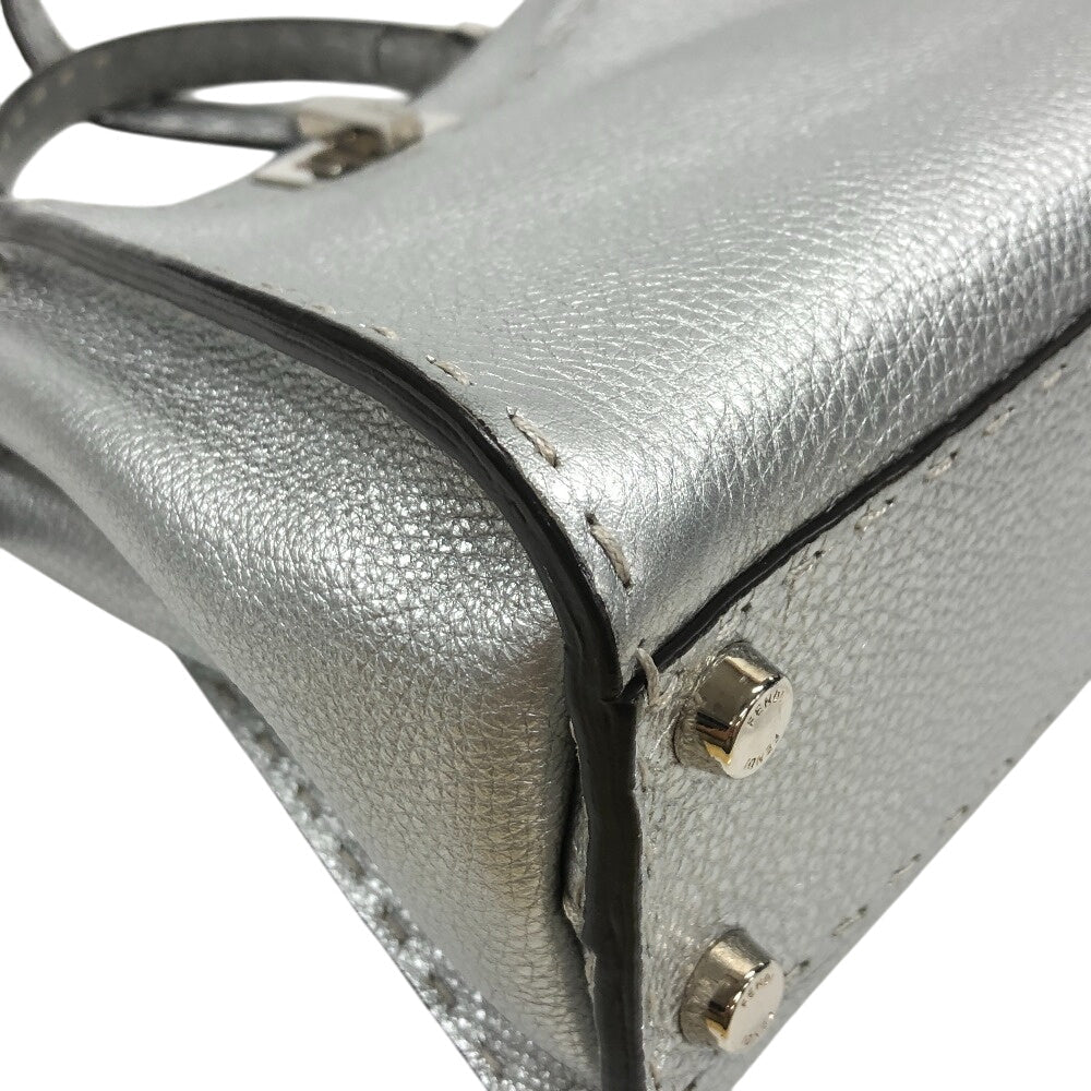 FENDI Handbag 8BN244 leather Silver Celeria Mini Pea Kaboo 2way Women Used Authentic