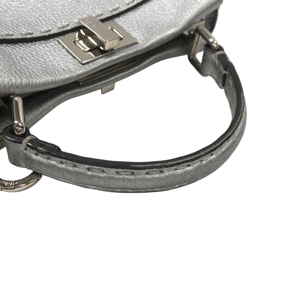 FENDI Handbag 8BN244 leather Silver Celeria Mini Pea Kaboo 2way Women Used Authentic