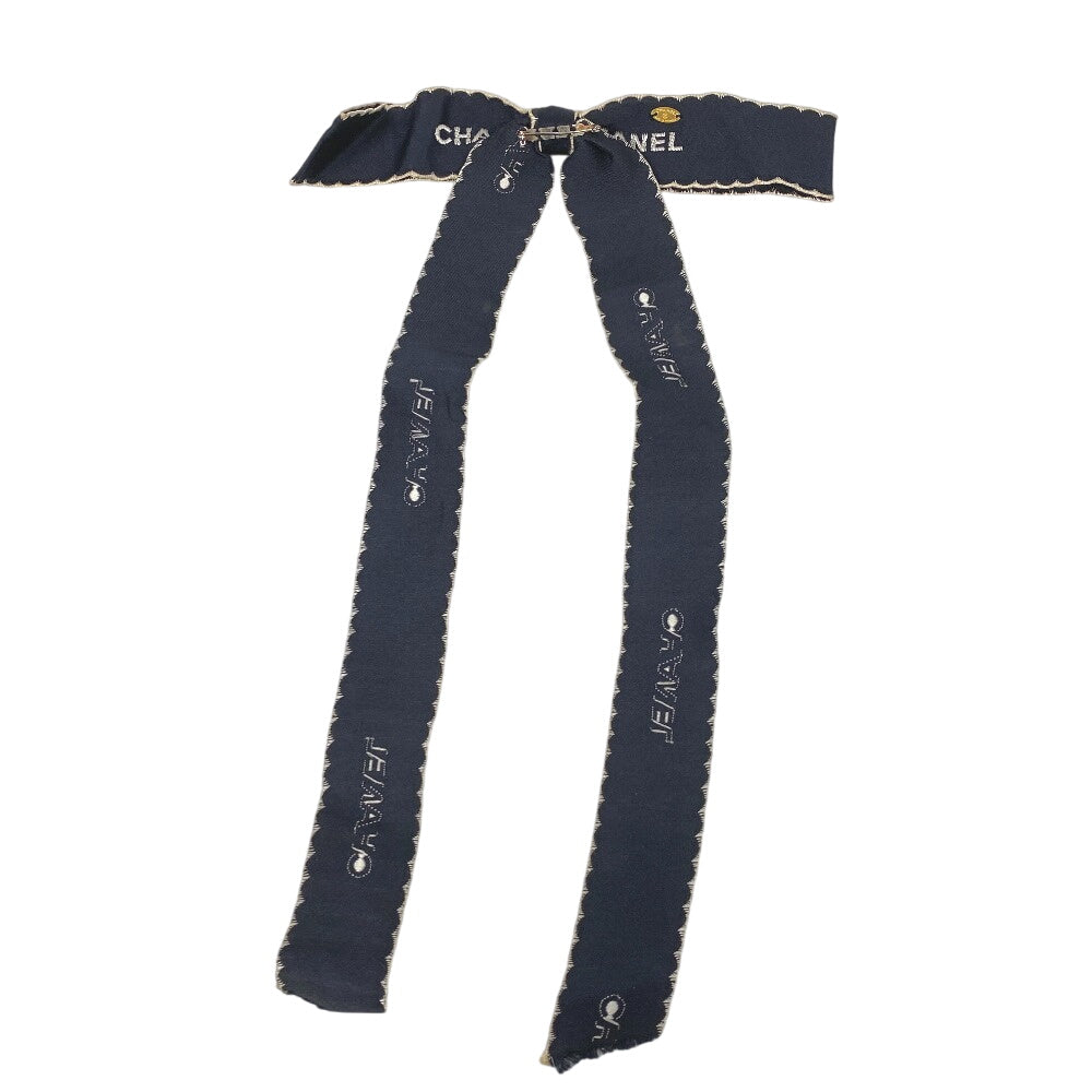 CHANEL Brooch silk Navy Fabric Ribbon Women Used Authentic