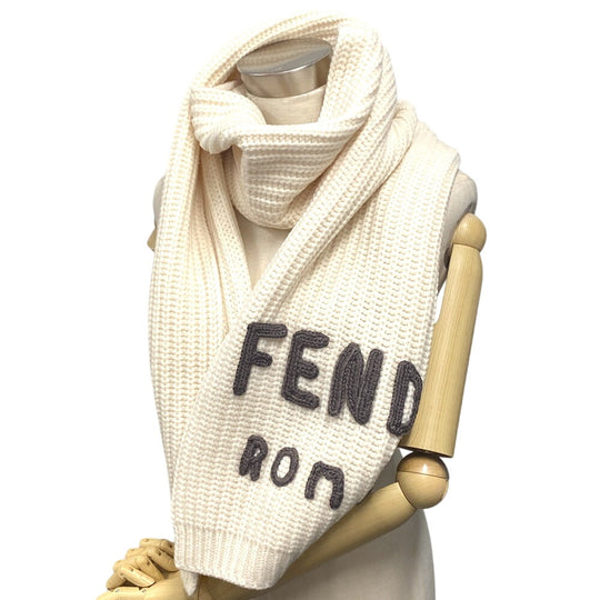 FENDI Scarf FXT352 wool white logo Women Used Authentic