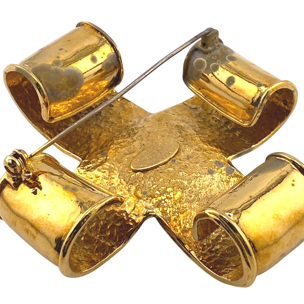 CHANEL Brooch 94 Gold Plated, Plastic gold Pin Brooch COCO Mark cross Women Used Authentic