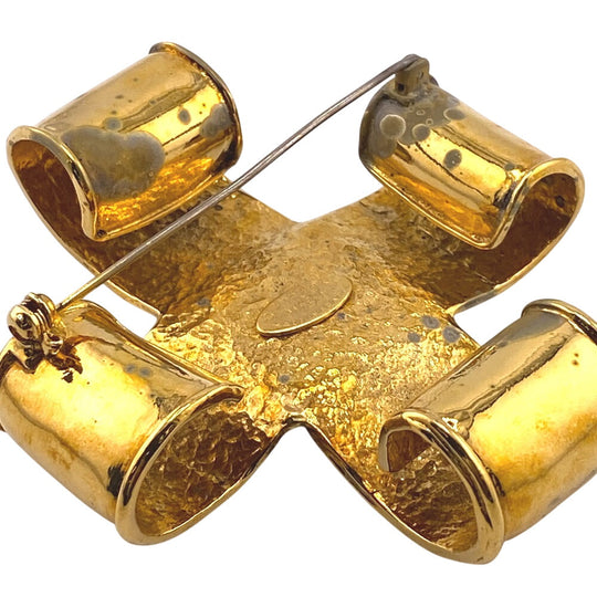 CHANEL Brooch 94 Gold Plated, Plastic gold Pin Brooch COCO Mark cross Women Used Authentic