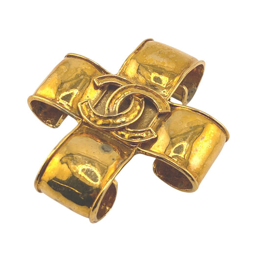 CHANEL Brooch 94 Gold Plated, Plastic gold Pin Brooch COCO Mark cross Women Used Authentic