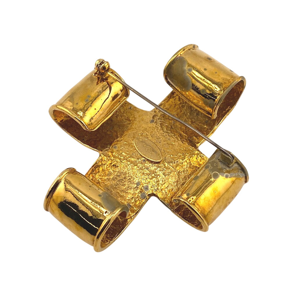 CHANEL Brooch 94 Gold Plated, Plastic gold Pin Brooch COCO Mark cross Women Used Authentic