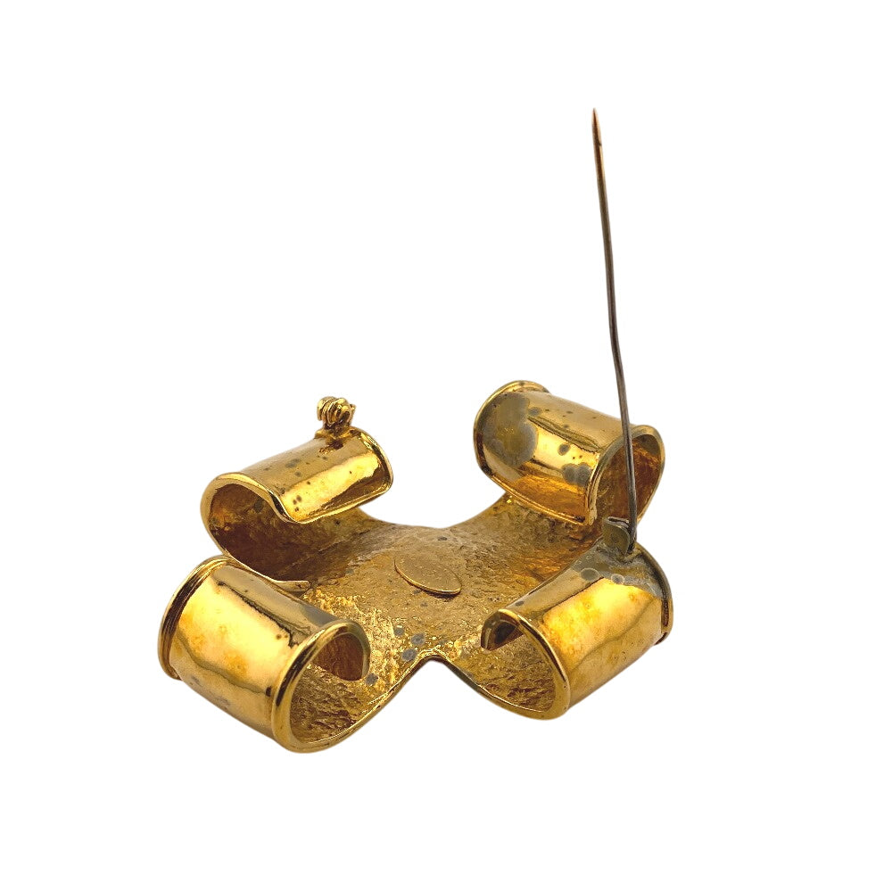 CHANEL Brooch 94 Gold Plated, Plastic gold Pin Brooch COCO Mark cross Women Used Authentic
