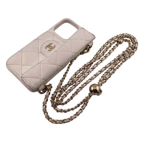 CHANEL iPhone case Leather, Lambskin white COCO Mark Matrasse iPhone14PRO Women Used Authentic
