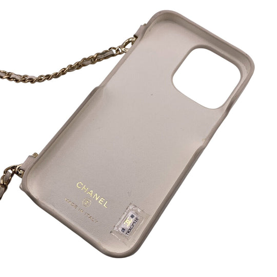 CHANEL iPhone case Leather, Lambskin white COCO Mark Matrasse iPhone14PRO Women Used Authentic