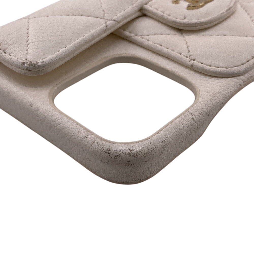 CHANEL iPhone case Leather, Lambskin white COCO Mark Matrasse iPhone14PRO Women Used Authentic