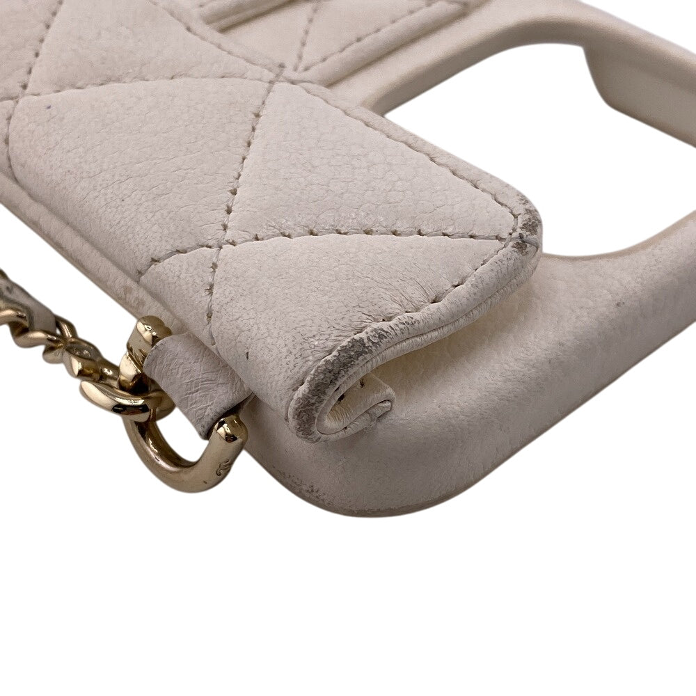 CHANEL iPhone case Leather, Lambskin white COCO Mark Matrasse iPhone14PRO Women Used Authentic