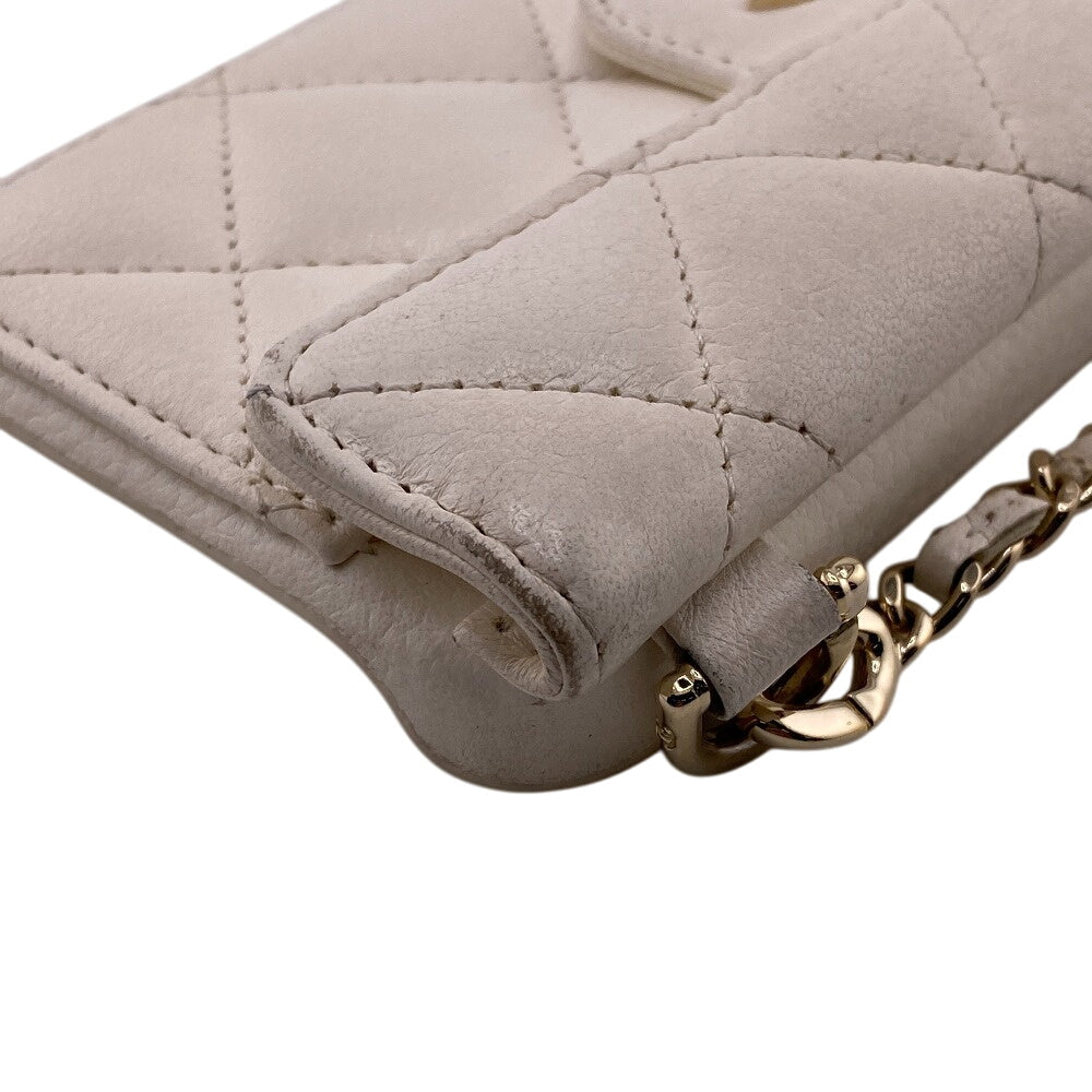 CHANEL iPhone case Leather, Lambskin white COCO Mark Matrasse iPhone14PRO Women Used Authentic