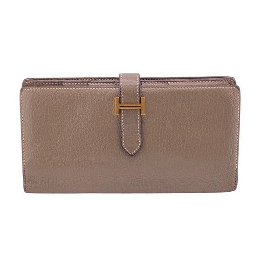 HERMES Bifold Wallet Chevre Mysore, Leather beige Hermes Bearn Soufflet Chevre Mysore Wallet Etoupe Gold Metal � O:2011 Women Used Authentic