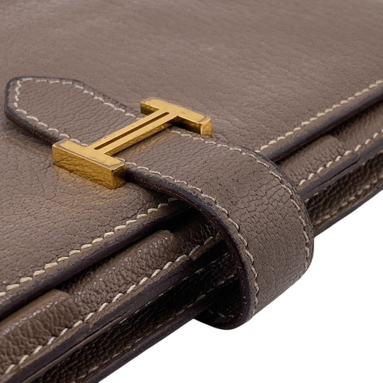 HERMES Bifold Wallet Chevre Mysore, Leather beige Hermes Bearn Soufflet Chevre Mysore Wallet Etoupe Gold Metal � O:2011 Women Used Authentic