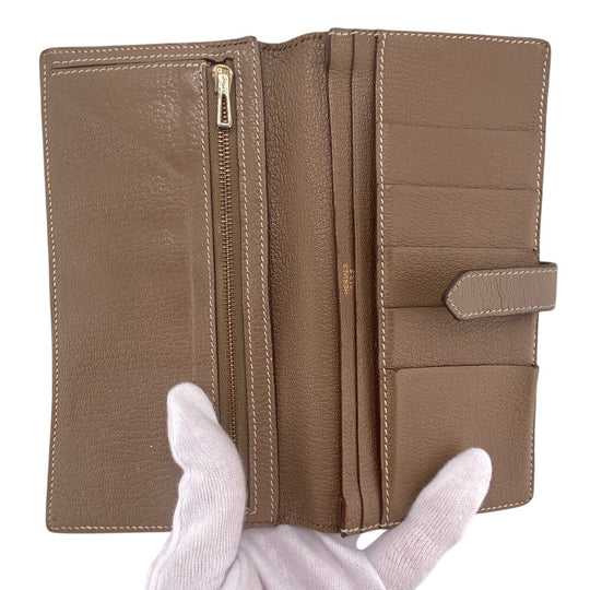 HERMES Bifold Wallet Chevre Mysore, Leather beige Hermes Bearn Soufflet Chevre Mysore Wallet Etoupe Gold Metal � O:2011 Women Used Authentic