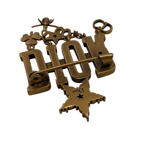 Dior Brooch Gold Plated, Rhinestone gold icon Women Used Authentic