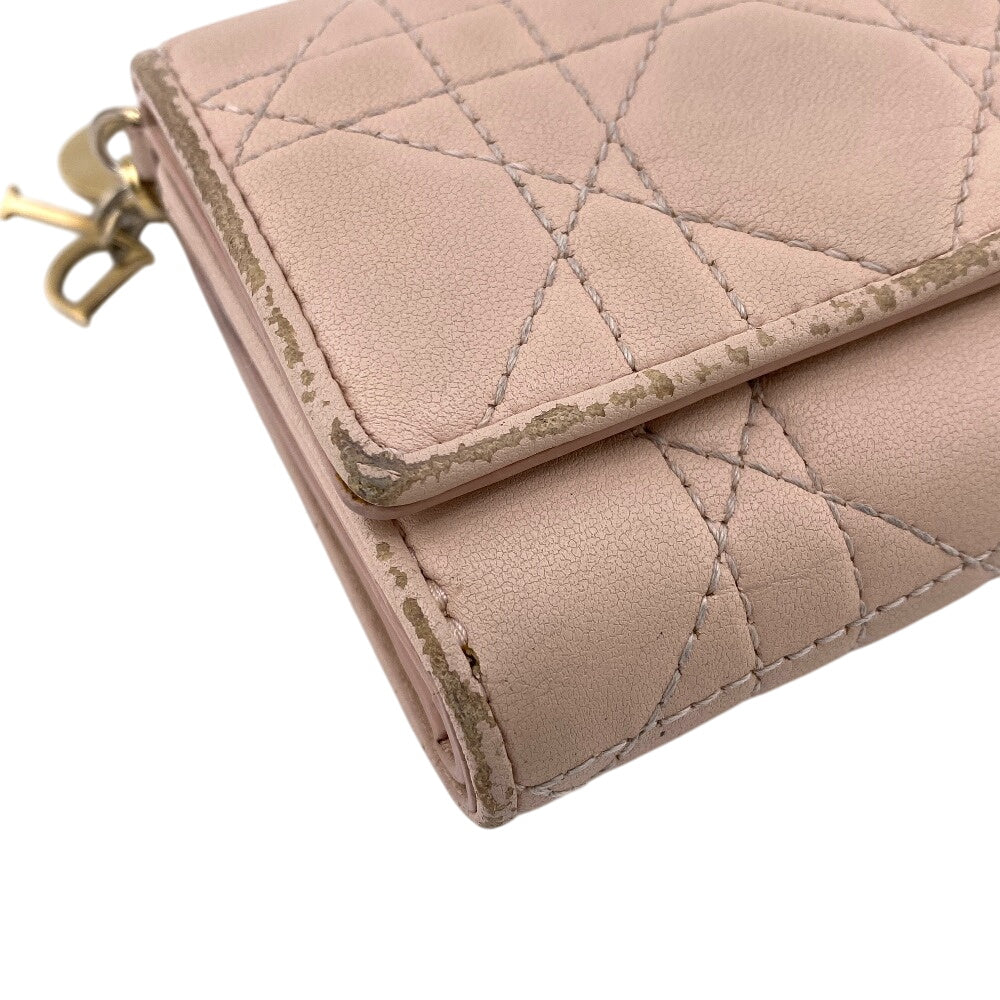 Dior Tri-fold wallet leather pink Compact wallet Lady Dior Canage Women Used Authentic