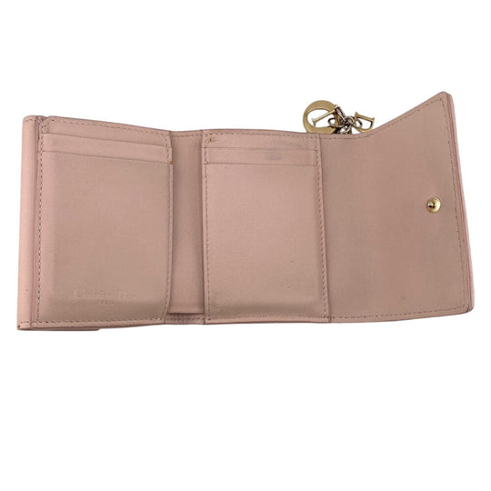 Dior Tri-fold wallet leather pink Compact wallet Lady Dior Canage Women Used Authentic