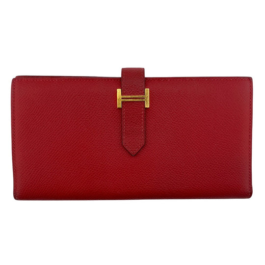 HERMES Long Wallet Purse C Epsom Red Beansufla Women Used Authentic
