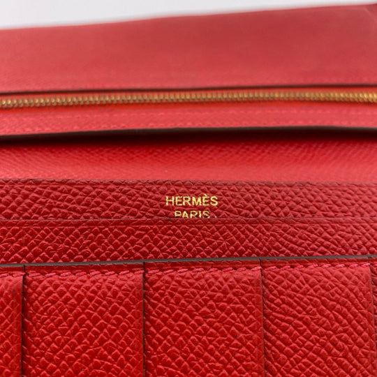 HERMES Long Wallet Purse C Epsom Red Beansufla Women Used Authentic