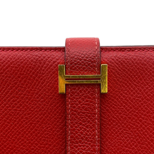 HERMES Long Wallet Purse C Epsom Red Beansufla Women Used Authentic