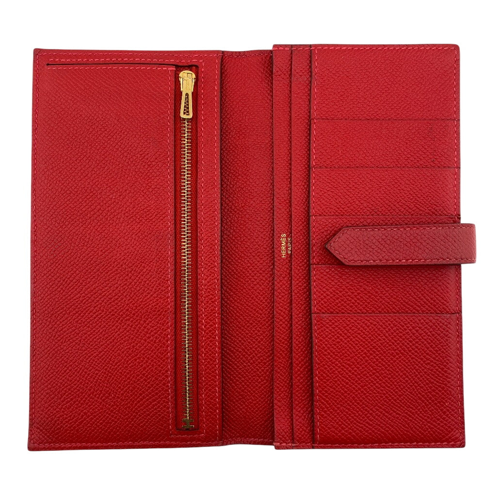 HERMES Long Wallet Purse C Epsom Red Beansufla Women Used Authentic