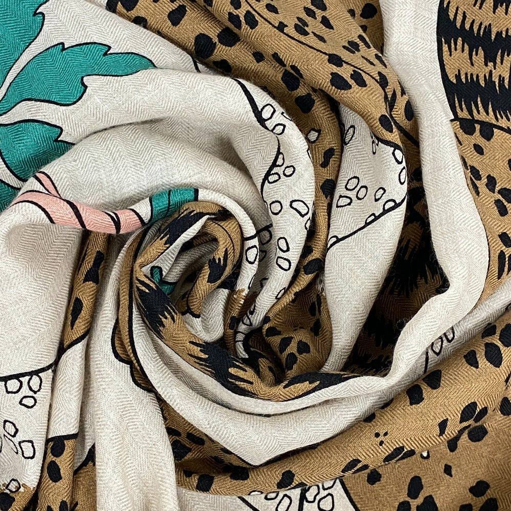 HERMES Stall Cashmere Pashmina , Silk Multi Carre Geant LES LEOPARDS Leopard Women Used Authentic