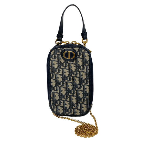 Christian Dior Pouch Canvas, Leather Navy Phone Pouch ChainShoulder Oblique Women Used Authentic