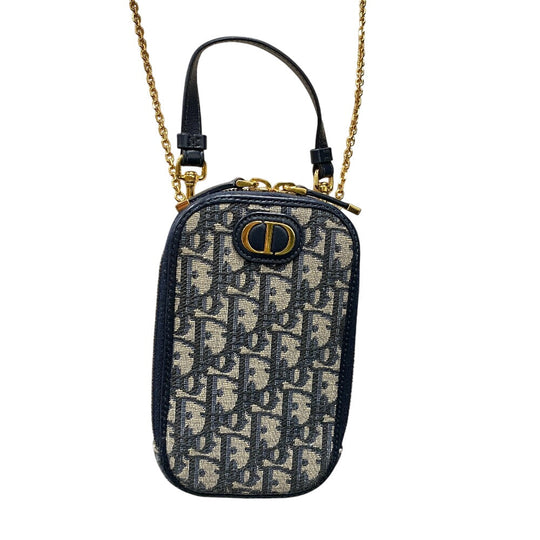Christian Dior Pouch Canvas, Leather Navy Phone Pouch ChainShoulder Oblique Women Used Authentic