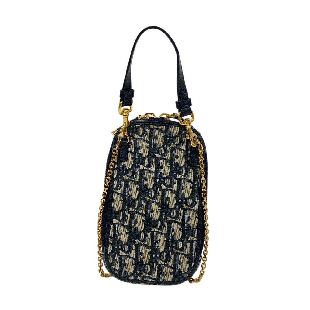 Christian Dior Pouch Canvas, Leather Navy Phone Pouch ChainShoulder Oblique Women Used Authentic