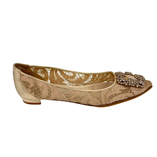 MANOLO BLAHNIK pumps leather beige Flat pumps Lace Rhinestone Hangisi Bijou Women 36 1/2 Used Authentic