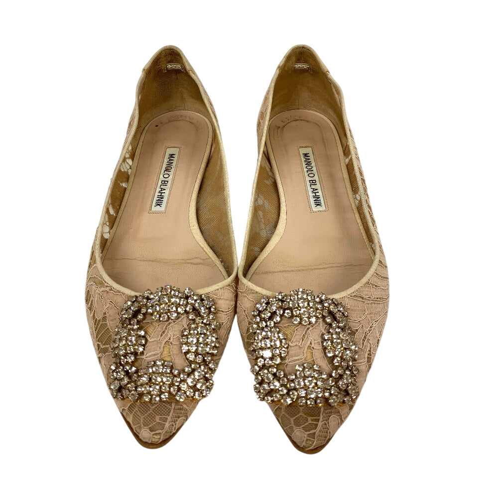 MANOLO BLAHNIK pumps leather beige Flat pumps Lace Rhinestone Hangisi Bijou Women 36 1/2 Used Authentic