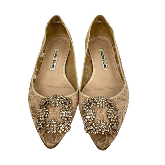 MANOLO BLAHNIK pumps leather beige Flat pumps Lace Rhinestone Hangisi Bijou Women 36 1/2 Used Authentic