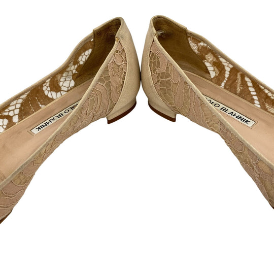 MANOLO BLAHNIK pumps leather beige Flat pumps Lace Rhinestone Hangisi Bijou Women 36 1/2 Used Authentic