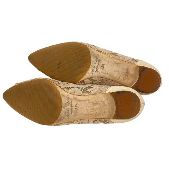MANOLO BLAHNIK pumps leather beige Flat pumps Lace Rhinestone Hangisi Bijou Women 36 1/2 Used Authentic