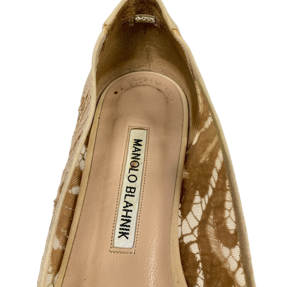 MANOLO BLAHNIK pumps leather beige Flat pumps Lace Rhinestone Hangisi Bijou Women 36 1/2 Used Authentic