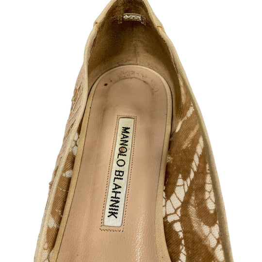 MANOLO BLAHNIK pumps leather beige Flat pumps Lace Rhinestone Hangisi Bijou Women 36 1/2 Used Authentic