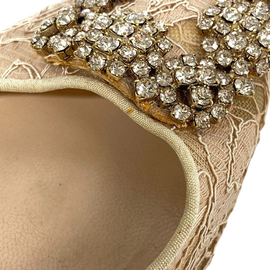 MANOLO BLAHNIK pumps leather beige Flat pumps Lace Rhinestone Hangisi Bijou Women 36 1/2 Used Authentic