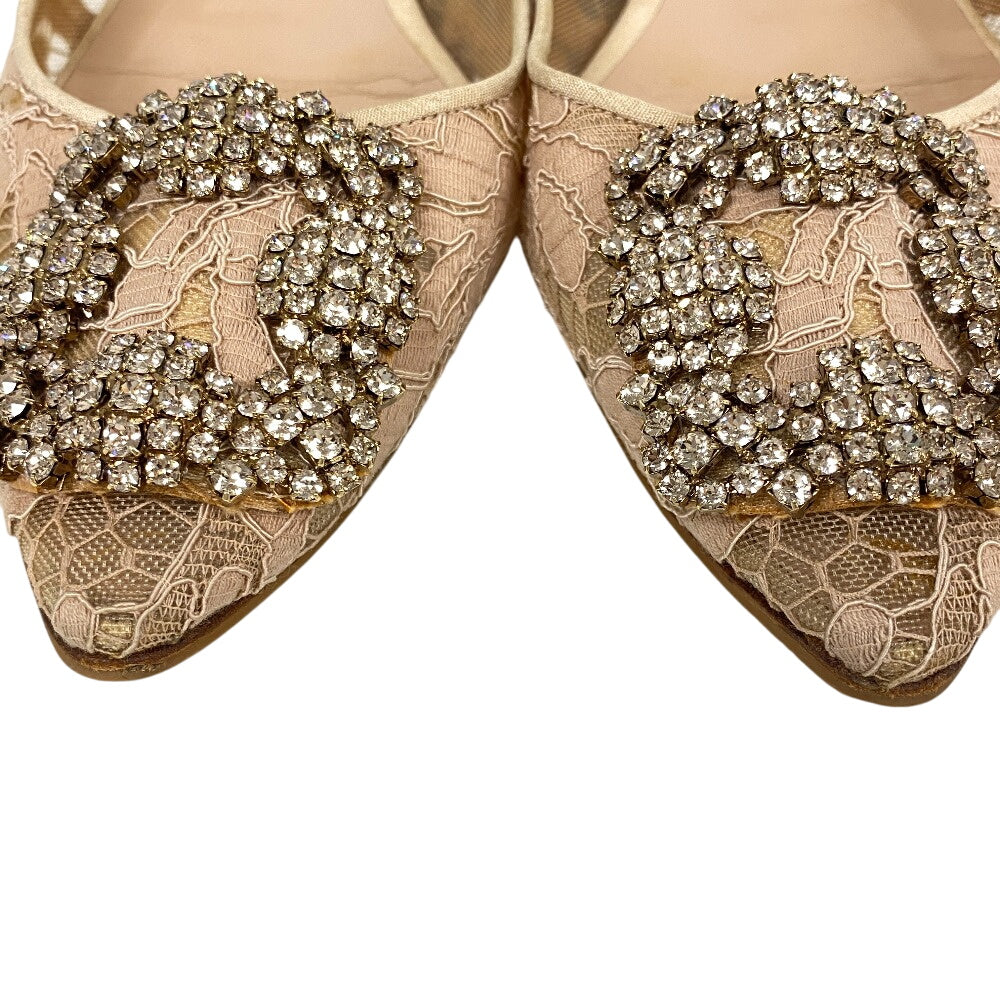 MANOLO BLAHNIK pumps leather beige Flat pumps Lace Rhinestone Hangisi Bijou Women 36 1/2 Used Authentic