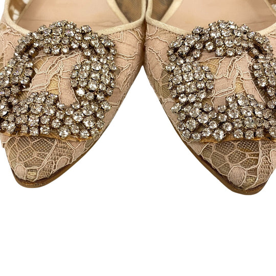 MANOLO BLAHNIK pumps leather beige Flat pumps Lace Rhinestone Hangisi Bijou Women 36 1/2 Used Authentic