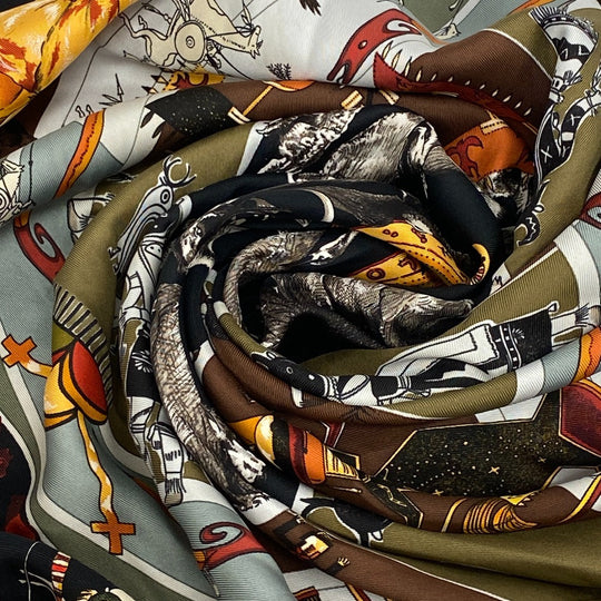 HERMES scarf silk Multi Carre90 The legend of brown men Women Used Authentic