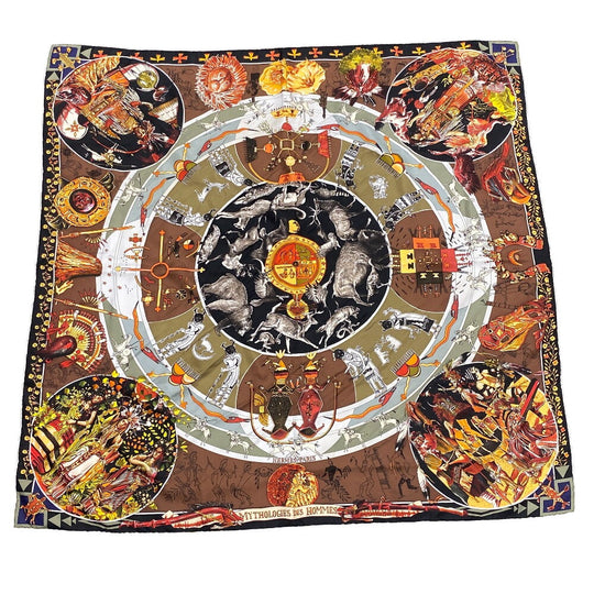 HERMES scarf silk Multi Carre90 The legend of brown men Women Used Authentic
