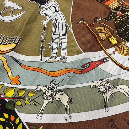 HERMES scarf silk Multi Carre90 The legend of brown men Women Used Authentic